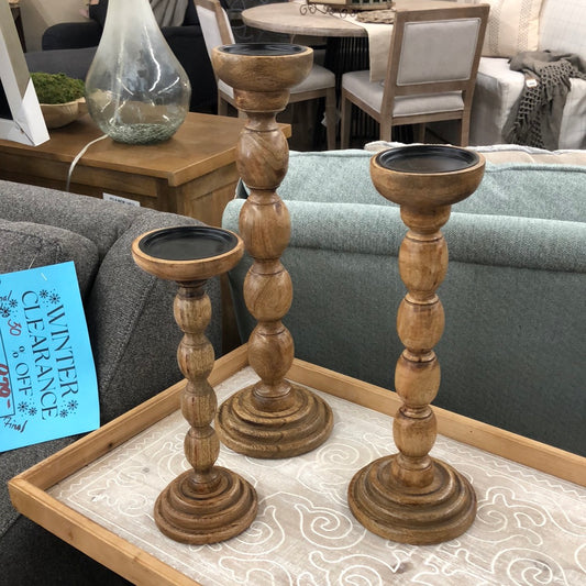 brown wooden spindle candle holder set/3